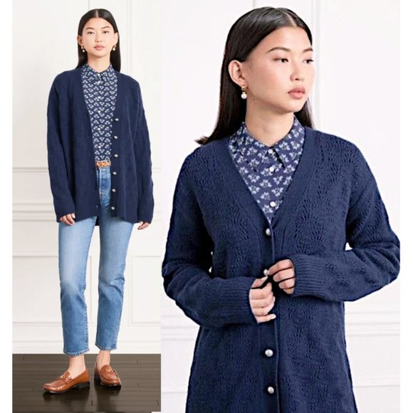Hill House Sweaters - Hill House Merino Wool Simple Grandpa Cardigan Pointelle Knit Sweater in Navy L